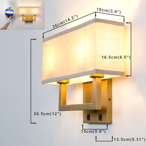 Image of Yosoan Linen Fabric Boho Wall Sconce Bedside Light with On Off Switch, 2-Light Brass Finished Hardwired Vintage Industrial Dual Wall Mount Lamp Square Shade for Bedroom Living Room Stairwell(Antique)