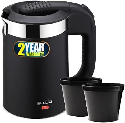 iBELL Sek105Bl Electric Kettle 500 Ml With Removable Lid,950 Watt,Auto Cut Off Function,Stainless Steel With Insulation,2 Glasses Free,Double Wall Kettle (Black),950 Watts,0.5 Liter