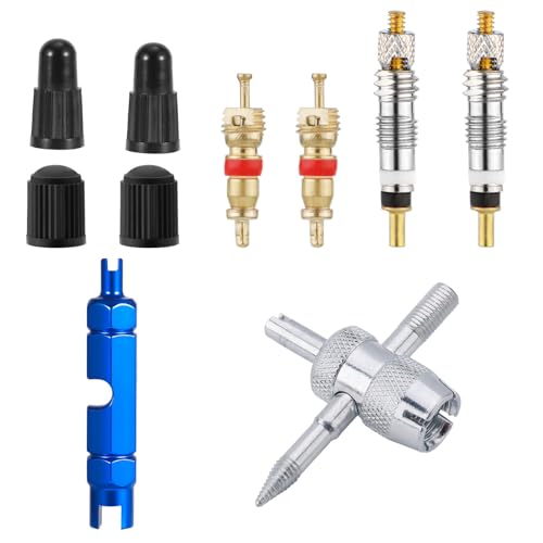 XIHIRCD Valve Core Repair Kit, Reliable Valve Core Bike Replacement Tool with 4pcs Valve Caps and 4pcs Valve Cores Wrench Tool for Presta & Schrader Valve