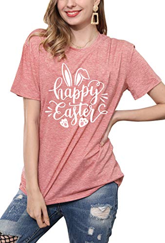 Image of Women Happy Easter T Shirt Bunny Rabbit Graphic T-Shirt Funny Letter Printed Shirts Short Sleeve Tops
