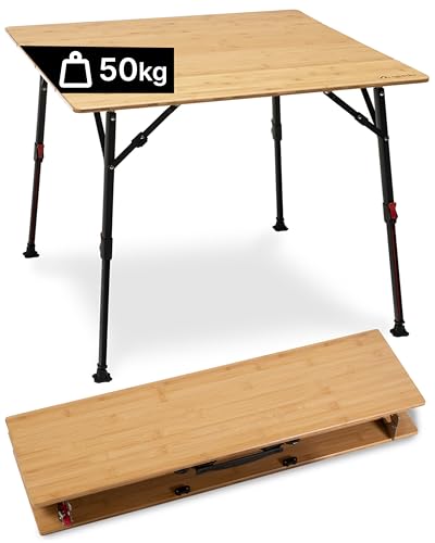 qeedo Quick Kimmy M Campingtisch 90 x 90 cm - klappbarer Bambus Tisch höhenverstellbar 43 bis 70 cm - Faltbarer Campingtisch mit Tragegriff & Packtasche