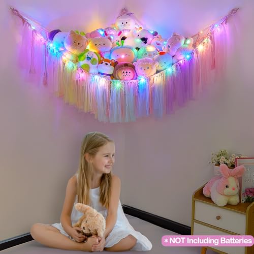 Image of FIOBEE Stuffed Animals Net LED Light Toy Hammock for Kids Bedroom Storage | Stuffed Animals Storage Organizer, Girls Room Decor, Teddy Bear Holder, Space Saving, for Kids Nursery Bedroom Playroom