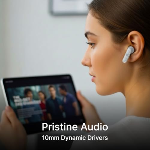 Image of pTron Bassbuds Indie in-Ear TWS Earbuds w / 10mm Drivers, 45Hrs Playtime, Dual HD Mic & AI-ENC Calls, Custom EQ, Mobile App, Bluetooth V5.4 Earphones, Voice Assistant, Type C Charging & IPX5 (White)
