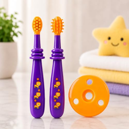 Image of Adore Toothsie Baby Toothbrush |Oral Kit with Soft Chewable Bristle Beginner Brushing | Silicone Toothbrush for Toddler Kids (2Pcs) (Purple, Standerd)