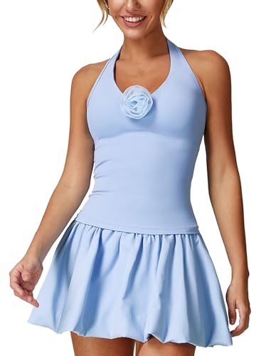 ABOCIW Women's 2 Piece Tennis Dress Halter Workout Tank Top Bubble Skorts Skirt Set Athletic Golf Pickleball Outfits