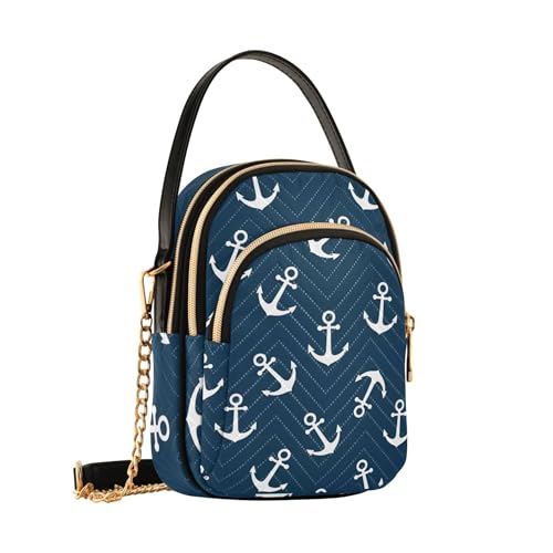 White Anchors Navy Blue Shoulder Handbags for Women Phone Purse Chain Strap Handbag Floral Print Ladies Crossbody Satchel Bag, 5.9" × 8.3" × 3.1"2