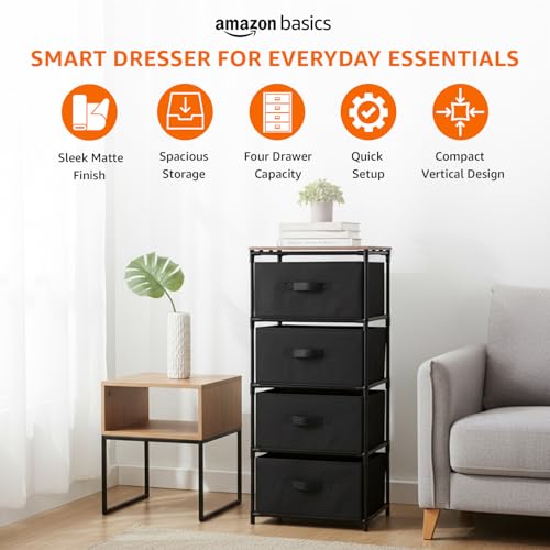 Image of amazon Basics Fabric Chest of 4-Drawer, Iron Tube Frame & MDF Top, Non-Woven /Polypropylene, Lightweight Storage Organizer for Clothes, Bedroom, Entryway & Laundry - Black (40L x 30W x 90H CM)