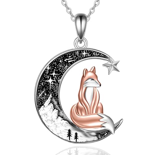 Wasee Fox Necklace for Women 925 Sterling Silver Fox Pendant Crescent Moon Jewelry Gifts