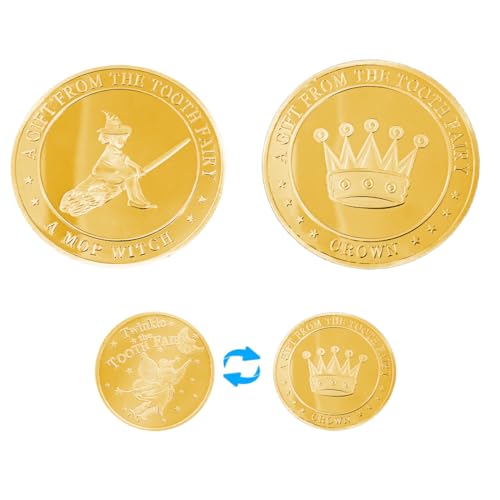 SIRLOMU 2 Piezas Monedas Hada Dientes, Regalo Hada Dientes, Niños, Souvenir Dientes Perdidos, Moneda Conmemorativa, Ideas Regalos para Niñas y Niños (Oro)