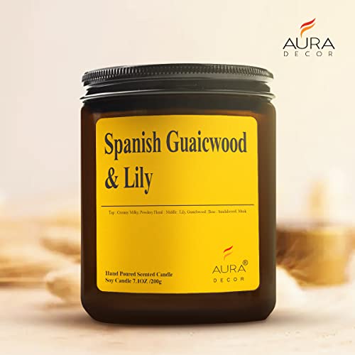 Image of AuraDecor Scented Jar Candle | Handpoured Soy Wax Candle with Long Lasting Burn Time | Premium Amber Jar Aromatherapy Candle | Ideal Gift for Home & Decor (Extra Large, Spanish Guwaicwood & Lily)