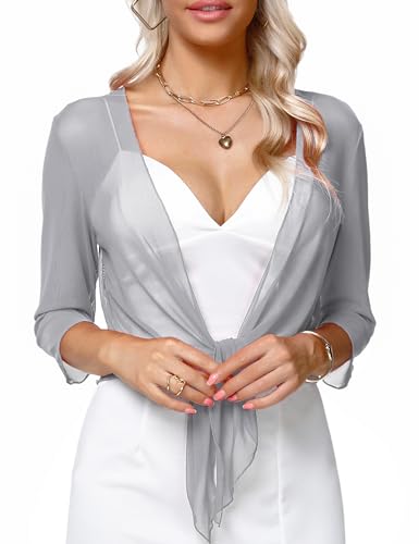 Image of Aiboria Womens 3 /4 Sleeve Shrug Sheer Mesh Bolero Tie Front Cropped Cardigan S-XXL