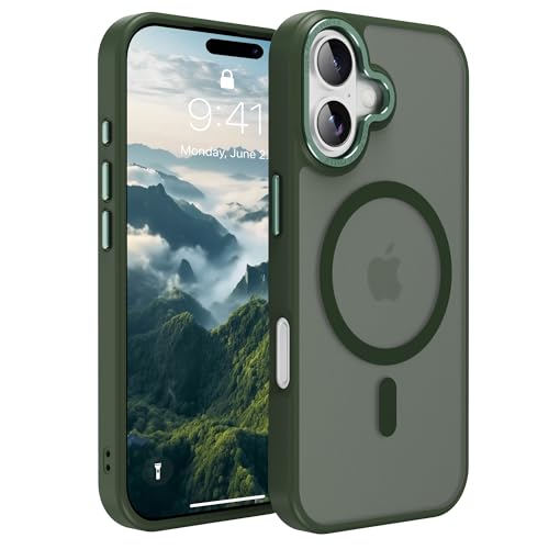 Image of Magnetic iPhone 16 case,Compatible with Magsafe, Military-Grade Protection,Slim Translucent Matte Shockproof with Anti-Scratch Anti-Fingerprint Phone Cover (Blackish Green, iPhone 16)