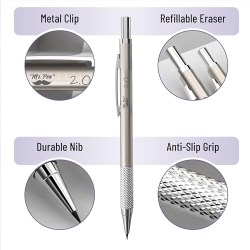 Mr. Pen - Conjunto de lapiseira de metal em estojo de couro, 5 tamanhos, 0,3, 0,5, 0,7, 0,9, 2 mm, l