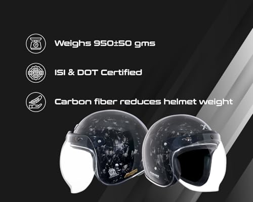 Image of Axor Retro Jet Forged Carbon ISI ECE and DOT Certified, Lightweight Open Face Helmet for Men and Women with Pinlock Fitted Clear Visor and Advanced Ventilation-Black-M