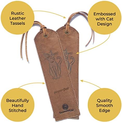 Leather Bookmark Handmade with Cat Design - Pack of 2 Genuine Leather Book Marks - Perfect Bookmarks for Men Women and Kids | Great Idea for Leather Gifts for Bookworms Writers Relatives & Friends