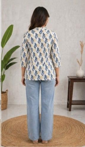 Image of VEDANEE FASHION'SWomen's Floral Print Tunic, Blue and Yellow, Zip Neck, 3 /4 Sleeves, Casual Kurta Style Top
