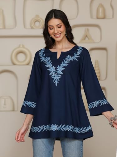 Image of QAZMI Women Kashmiri Aari Embroidered Viscose Rayon A-Line Short Kurti with Bell Sleeves