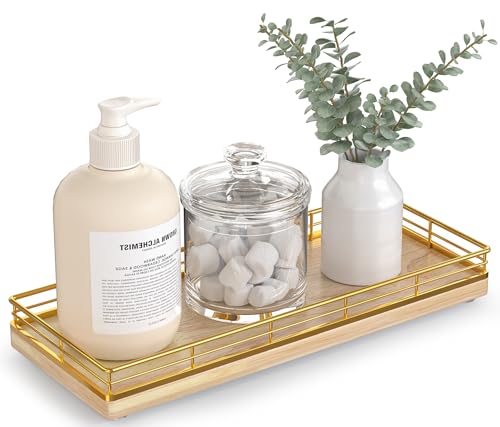 Bathroom Tray for Counter Top Organizer – Oak Wood Vanity Tray with Metal Frame for Dresser, Kitchen, Nightstand – Gold & Oak Decorative Storage