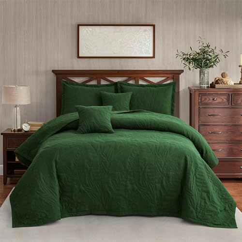 Image of HZ & HY Botanical Oversized Queen Bedspread, Stitched Leaf Quilt Set Queen Size, Lightweight Reversible Coverlet, Tailored Edge - Earthy Natural Look, 5 Piece, Olive Green