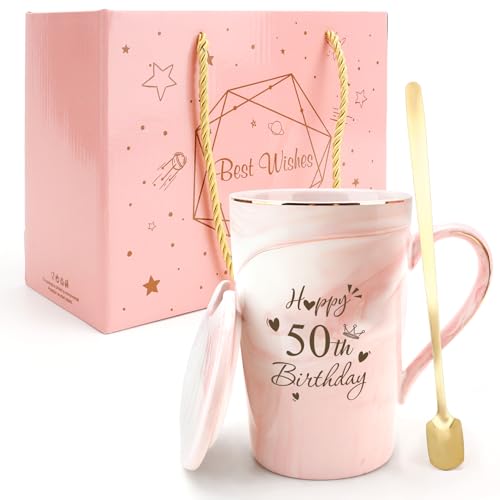 Image of 50th Birthday Gifts for Women Her 14Oz Pink Coffee Mug 50 Year Old Birthday Gifts for 50 Year Old Woman 1976 Bday Present for Woman 50th Bday Gift for Mom Aunt Sister Nana Stepmom Grandma Friend