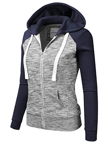 Doublju Womens Casual Raglan Full Zip Fleece Hoodie Jacket with Pocket MELANGENAVY S