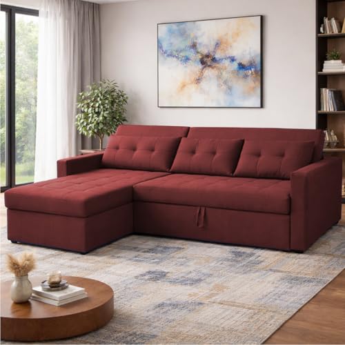 Image of Emilio 4 Seater LHS L - Shape Pull-Out Sofa Cum Bed Sofa for Living Room (Maroon Fabric Color) Premium Fabric Sofa Set for Living Room Sofa Cum Bed