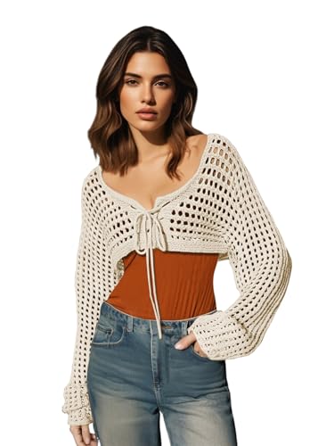 Womens Long Sleeve Crochet Shrug Tie Front Cropped Cardigan Sweaters Knit Bolero Outwear Tops