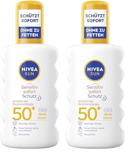 NIVEA SUN Sensitiv Sofort Schutz Sonnenspray LSF 50+, Sonnenmilch mit LSF 50+ für empfindliche Haut, wasserfester & duftfreier Sonnenschutz bei Sonnenallergie (200 ml) (Packung mit 2)