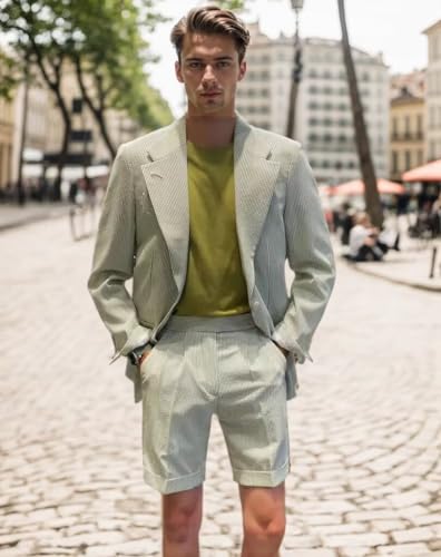 Seersucker Suit Mens Regular Fit Jacket Shorts Casual 2 Piece Pinstripe Suit Holiday Outfits for Summer Wedding3