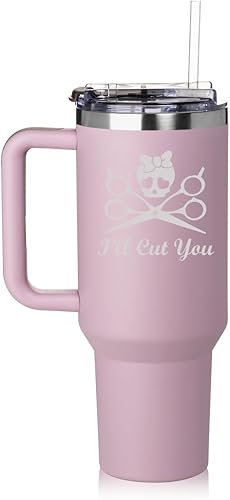 Vista 2 de Vaso de 40 onzas con asa y tapa con pajilla, taza de viaje aislada de acero inoxidable, taza de viaje I'll Cut You Hair Dresser Stylist (negro)