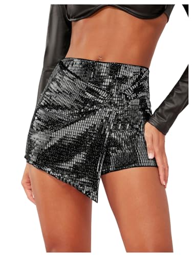 MakeMeChic Women's Sequin Skort Metallic Ring Linked Wrap Front Y2K Rave Sparkly Shorts Skorts Black A Medium