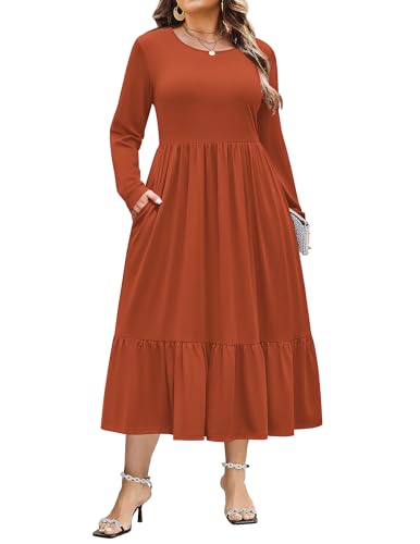 IN'VOLAND Plus Size Womens Fall Dresses Long Sleeve Casual Sundress Dress with Pockets Halloween Vacation 2025 Fashion Caramel
