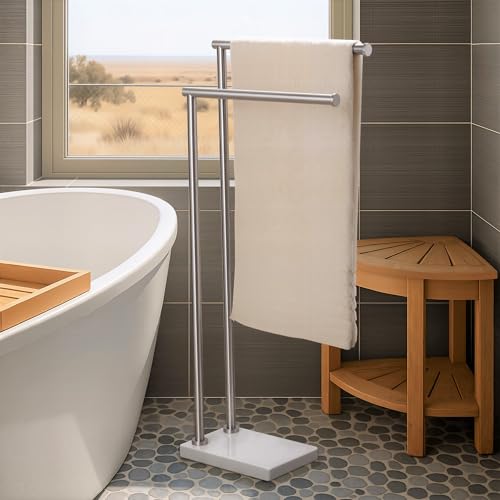 KES Standing Towel Rack, Heavy Natural Marble Base, 2-Tier, Brushed Steel | 304 Stainless Steel Frame, 36-Inch Tall Bar Fits Bath Sheets, 9.3 Lb Weighted Base Prevents Tipping, No-Drill Assembly