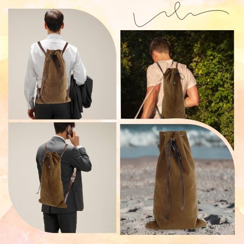 Image of GORGECRAFT Medieval Drawstring Backpack Vintage Fibre Viking LARP Renaissance Bag with PU Leather Straps and Alloy Clasps Portable Pouch for Outdoor Activities Cosplay Gym Workout Swim Beach 18x10.8in