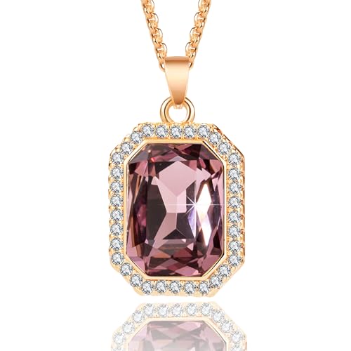 Austrian Crystal Halo Octagon Pendant Necklaces for Women Fashion 14K Gold Plated Dainty Necklace Hypoallergenic Jewelry (Antique Pink)