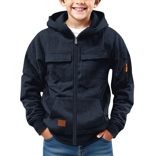 Youth Boys Fleece Hoodies Kids Full Zip up Cargo Hoodie Sweatshirts Long Sleeve Cotton Warm Fall Jackets with Pockets