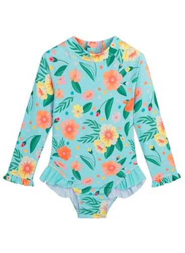Image of Baby Toddler Girl Long Sleeve Ruffle Swimsuit One Piece Zipper Rash Guard Bathing Suit with UPF 50+ Sun Protection