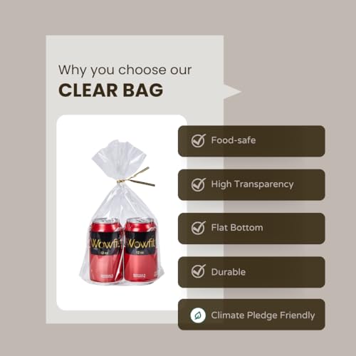 Wowfit 8x11 Clear Treat Bags, Bottom Gusset, 50 CT, 6 Gold Ties