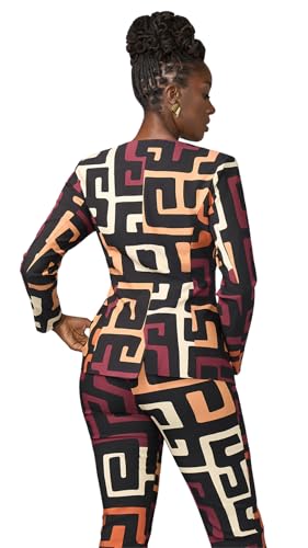 D'IYANU | FAFA Women's African Print Stretch Blazer – Zip-Up Jacket in Neutral Kuba Geometric Pattern – Regular & Plus Sizes3