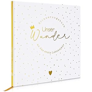 MilaBoo® Babyalbum „Unser Wunder“ Hardcover gold I Fotoalbum Baby für das erste Lebensjahr I besonderes Geschenk zur Geburt Junge und Mädchen I Mein erstes Jahr Baby Buch