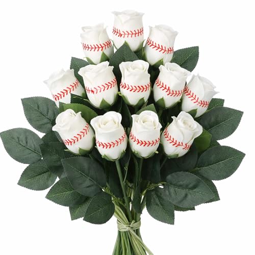 Hotop 12 Pcs Baseball Roses with Leaves Artificial Roses Flowers Decoration Sports Theme Gifts for Baseball Team Fans Coach Graduation Gift