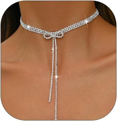 Rhinestone Bowknot Choker Necklace for Women Crystal Long Tassel Clavicle Chain Necklace Cubic Zirconia Bow Knot Jewelry for Women Gifts