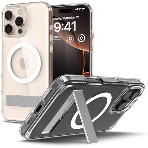 Spigen Ultra Hybrid S MagFit Designed for iPhone 16 Pro Max Case [Kickstand] [Anti Yellowing], Compatible with MagSafe - Crystal Clear Cover