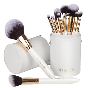 OMANIAC Makeup Brush Set Professional, 12 Pearlescent Wood Handle Makeup Brushes, Premium Cruelty-Free Synthetic Fiber Hair, Travel Make up Brushes Set with Case (White).