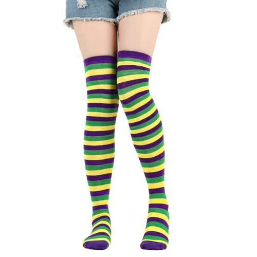 KorhLeoh Mardi-Gras-Socks Knee-Thigh-High Striped Socks Costume Accessories for Women Multicolor