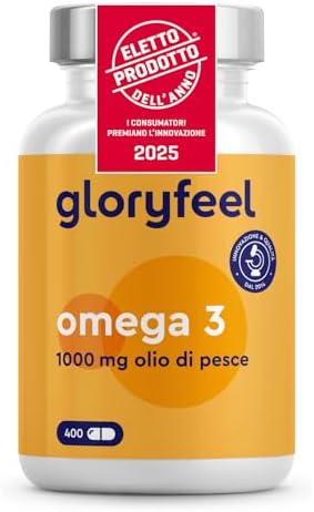 Omega 3 Olio di Pesce 400 Capsule Eletto PRODOTTO DELL'ANNO 2025 (1 anno), Softgel Omega-3, 1000mg Alto Dosaggio, Vista, Cuore, Cervello, 180mg EPA &amp; 120mg DHA, Integratore Fish Oil