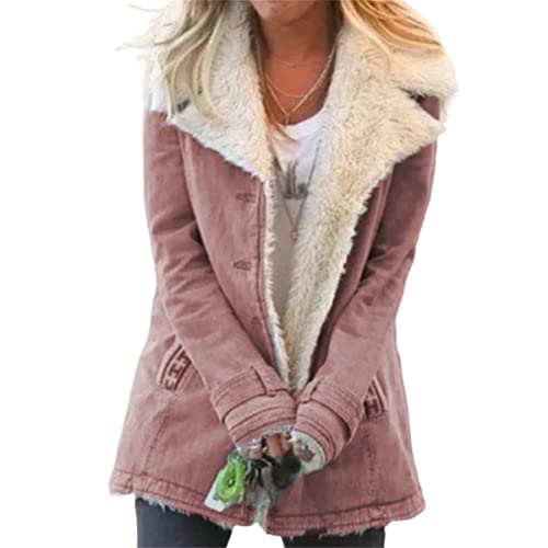 Image of KVOTUU Winter Coats for Women Fleece Lined Denim Jacket Lapel Collar Warm Plush Sherpa Padded Jacket Buttons Overcoat Outwear