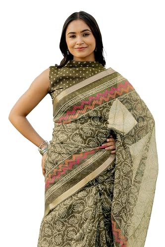 Image of MIRCHI FASHION Kota Doria Cotton Saree with Blouse Piece | Leaf Floral Printed Saree for Women | Traditional Ethnic Daily Wear Summer Saree