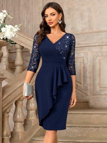 Miusol Women's Classy V-Neck Glitter Sequin Lace 3/4 Sleeve Cocktail Party Dress3