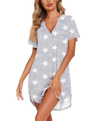 Image of Ekouaer Nightgowns for Women Button Down Night Gowns Short Sleeve Sleep Shirt V Neck Nightshirt Soft Sleepwear Pajams Dress